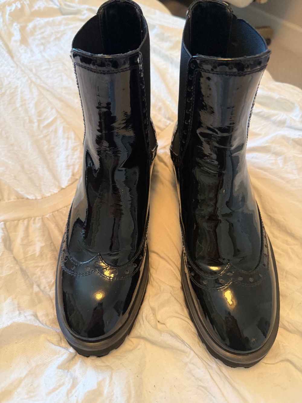 Stuart Weitzman Patent Leather Laser Cut Accents Chelsea Boot